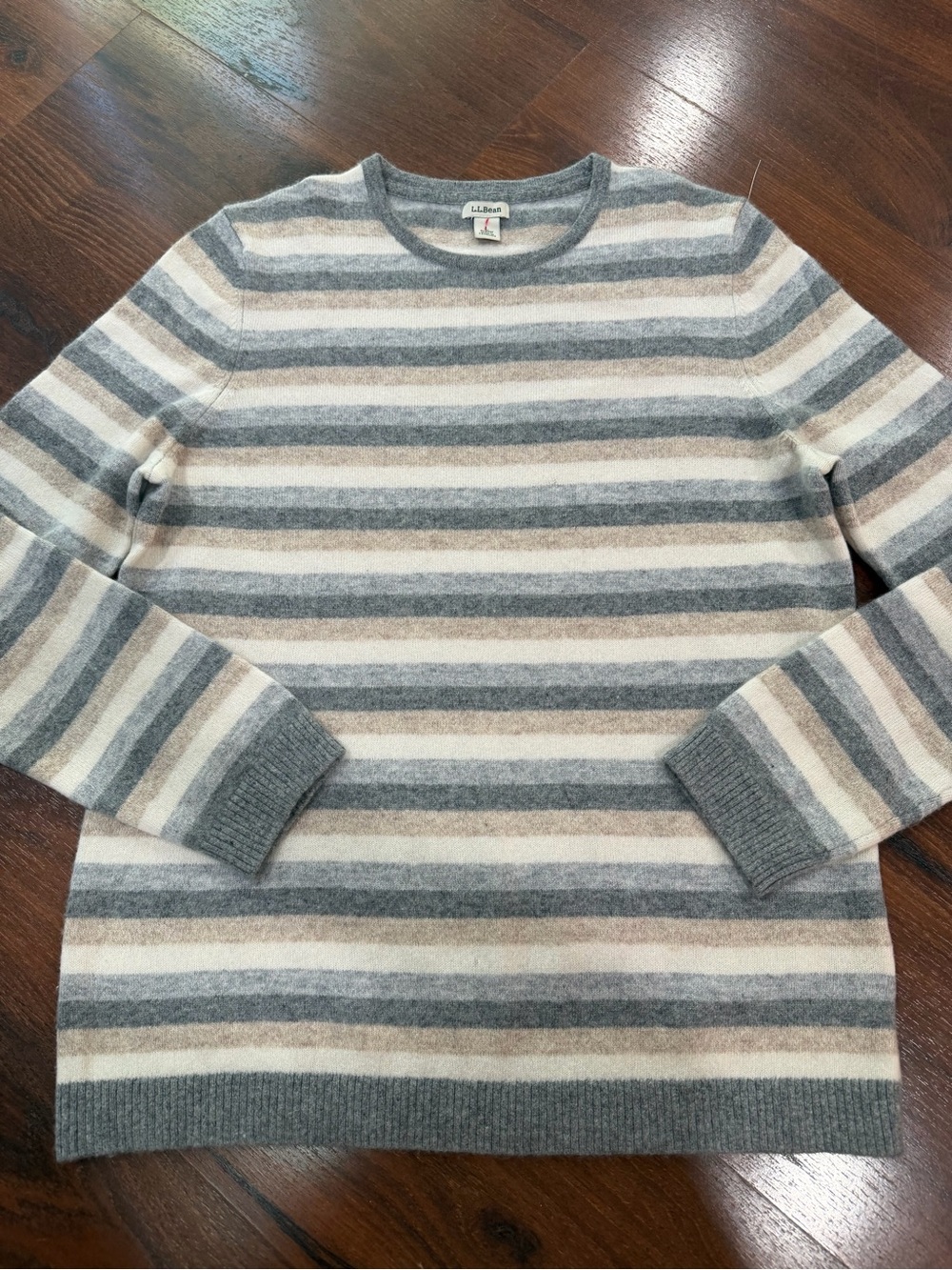 L.L.Bean Womens 100% Cashmere Sweater Gray Ivory Stripe Sz Large Crewneck
